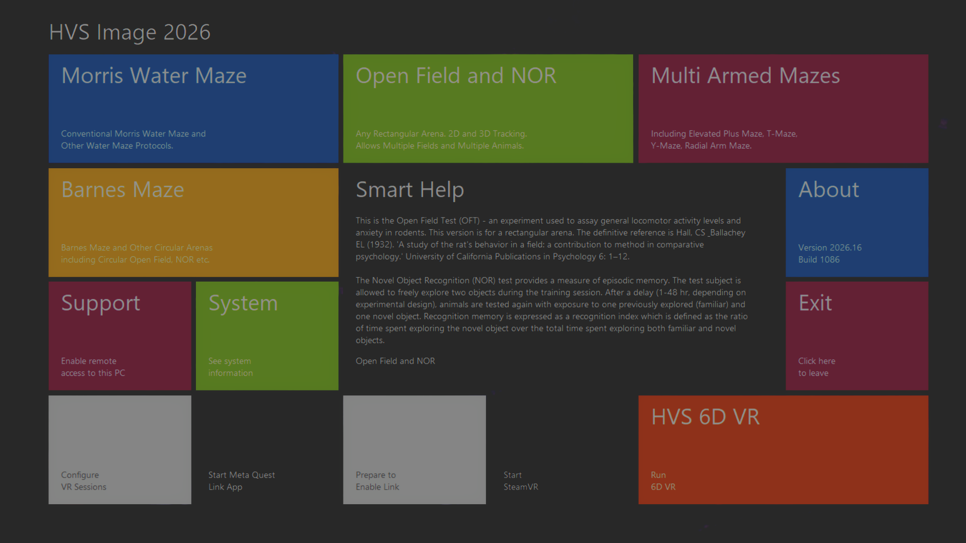 Screenshot of HVS Image 2026 video tracking software main menu showing behavioral task modules for neuroscience research with rodents, including Morris Water Maze, Open Field, Barnes Maze, Novel Object Recognition and Multi-Armed Mazes, and HVS 6D VR for research and rehabilitation with humans.