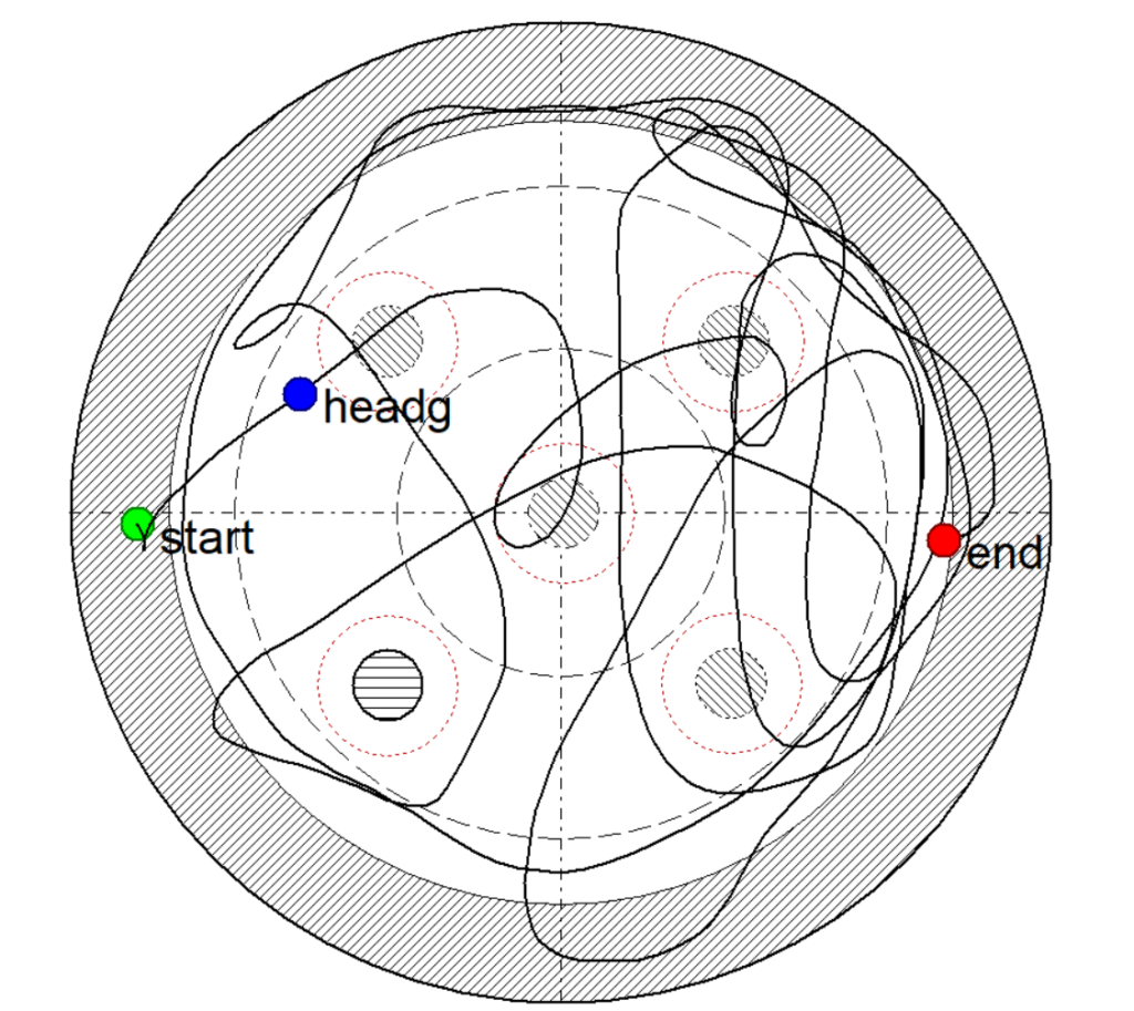 Equi-spaced circular zones shown on an HVS Image Morris water maze path plot Equi-spaced circular zones shown on an HVS Image Morris water maze path plot. The two dashed-line rings divide the pool into three zones - a central circle inside the first dashed ring (zone 1), a broad ring outside that (zone 2) and an outer ring between zone 2 and the outer edge of the pool (zone 3).